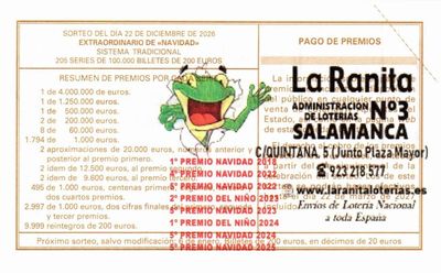 Reverso del d&eacute;cimo 54402 con el sello de la Administraci&oacute;n n&ordm; 5 &laquo;La Ranita&raquo;, en Salamanca